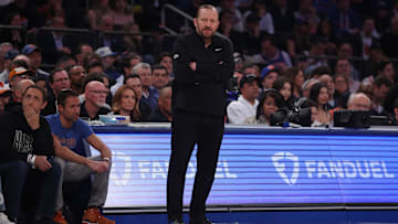  New York Knicks head coach Tom Thibodeau looks on in the first quarter against the Indiana Pacers.