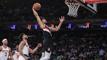 Jan 9, 2024; New York, New York, USA; Portland Trail Blazers guard Shaedon Sharpe (17) goes up for a dunk in the second quarter against the New York Knicks at Madison Square Garden. Mandatory Credit: Wendell Cruz-Imagn Images