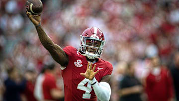 Sep 28, 2024; Tuscaloosa, Alabama, USA; Alabama Crimson Tide quarterback Jalen Milroe (4) throws a pass during warm ups before a game against the Georgia Bulldogs at Bryant-Denny Stadium. Mandatory Credit: Will McLelland-Imagn Images