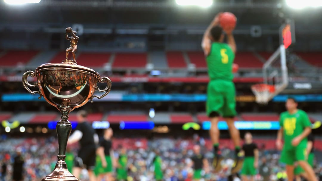 The 1939 National Championship trophy at Oregon's Final Four open practice