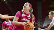 Maryland guard Emily Fisher looks to shoot against Indiana on Jan. 31, 2024.