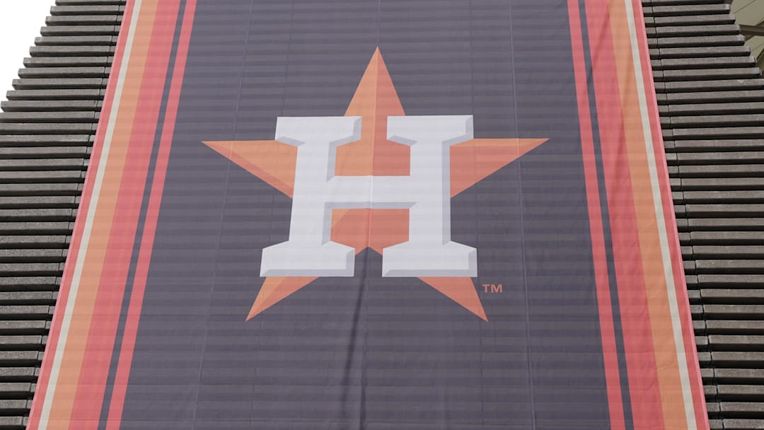 Apr 26, 2024; Mexico City, Mexico; A banner with the Houston Astros logo at Estadio Alfredo Harp Helu. 