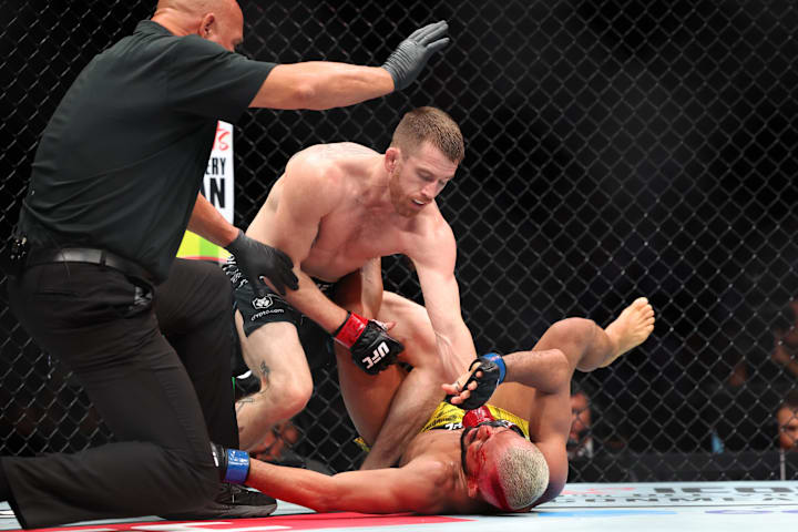 Cory Sandhagen finishes Deiveson Figueiredo during UFC Fight Night at Wells Fargo Arena. 