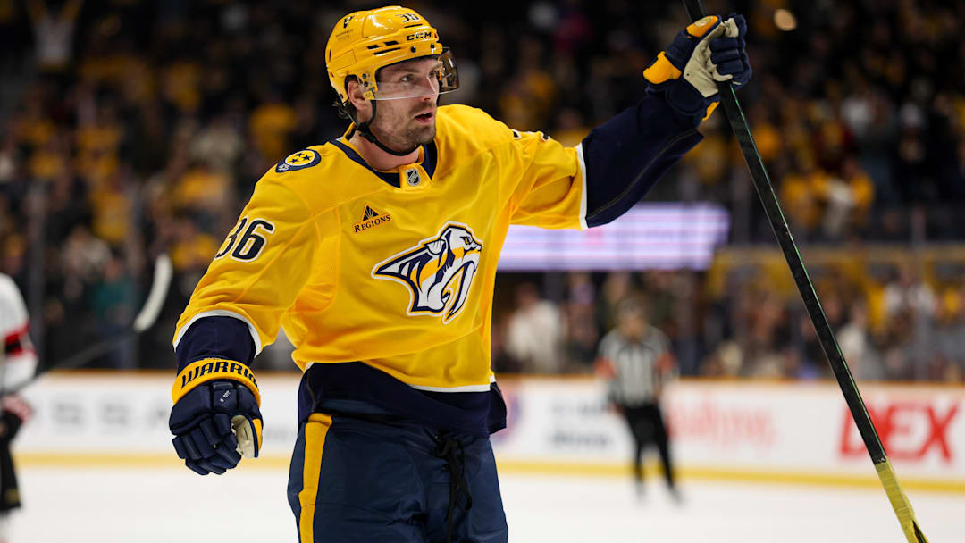 Jan 22, 2026; Nashville, Tennessee, USA;  Nashville Predators left wing Cole Smith (36) celebrates his goal against the Ottawa Senators during the third period at Bridgestone Arena. Mandatory Credit: Steve Roberts-Imagn Images