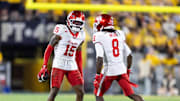 Houston Cougars defensive back Will James (15) celebrates a fumble recovery with Kentrell Webb (8) against the Arizona State Sun Devils in the first half at Mountain America Stadium. 
