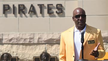 Aug 24, 2024; Pittsburgh, Pennsylvania, USA;  Barry Bonds addresses the crowd as he inducted in the Pittsburgh Pirates Hall of Fame at PNC Park. Mandatory Credit: Philip G. Pavely-Imagn Images