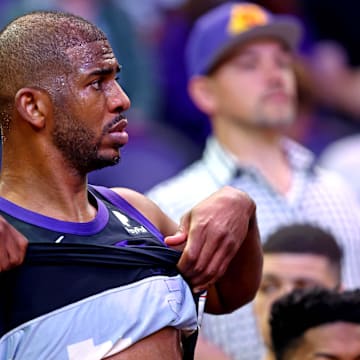 May 15, 2022; Phoenix, Arizona, USA; Phoenix Suns guard Chris Paul (3) reacts on the bench during the fourth quarter Dallas Mavericks in game seven of the second round for the 2022 NBA playoffs at Footprint Center. Mandatory Credit: Mark J. Rebilas-Imagn Images