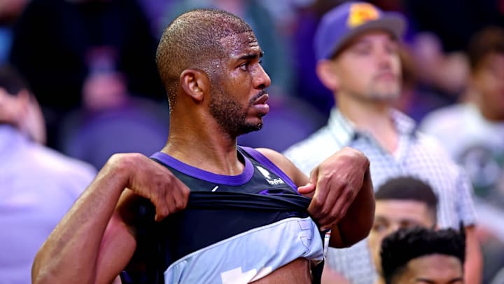 May 15, 2022; Phoenix, Arizona, USA; Phoenix Suns guard Chris Paul (3) reacts on the bench during the fourth quarter Dallas Mavericks in game seven of the second round for the 2022 NBA playoffs at Footprint Center. Mandatory Credit: Mark J. Rebilas-Imagn Images