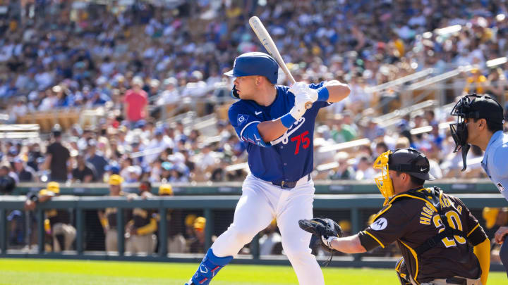 Feb 23, 2024; Phoenix, Arizona, USA; Los Angeles Dodgers infielder Trey Sweeney against the San Diego Padres during a spring training game at Camelback Ranch-Glendale. Mandatory Credit: Mark J. Rebilas-USA TODAY Sports