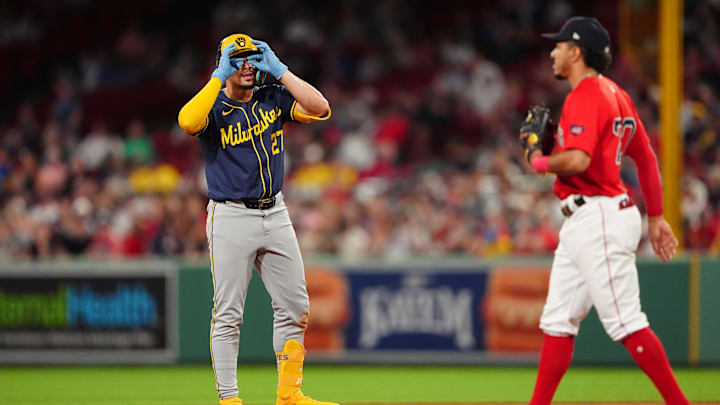 May 24, 2024; Boston, Massachusetts, USA; Milwaukee Brewers shortstop Willy Adames (27) reacts to hitting a double against the Boston Red Sox  during the ninth inning at Fenway Park. Mandatory Credit: Gregory Fisher-Imagn Images