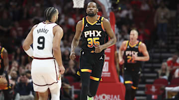 Mar 12, 2025; Houston, Texas, USA; Phoenix Suns forward Kevin Durant (35) looks up after a play during the first quarter against the Houston Rockets at Toyota Center. Mandatory Credit: Troy Taormina-Imagn Images