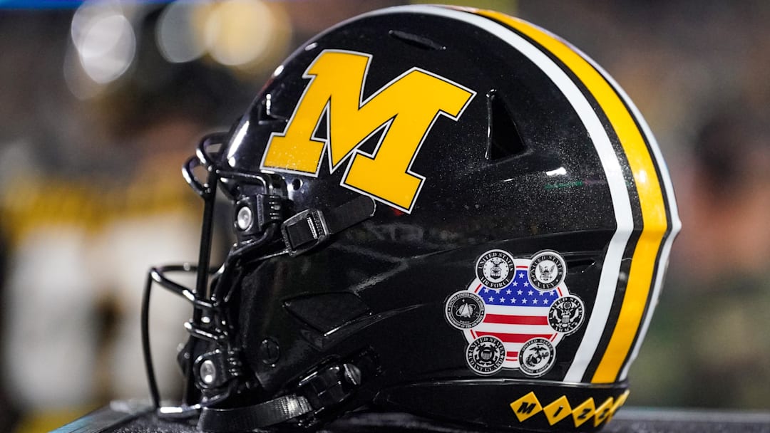 Nov 15, 2025; Columbia, Missouri, USA; A general view of a Missouri Tigers helmet against the Mississippi State Bulldogs during the first half of the game at Faurot Field at Memorial Stadium. 