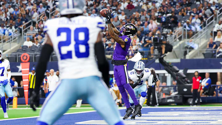 Baltimore Ravens wide receiver Rashod Bateman catches a touchdown against the Dallas Cowboys at AT&T Stadium. 