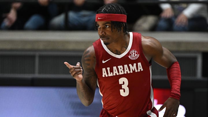 Nov 15, 2024; West Lafayette, Indiana, USA; Alabama Crimson Tide guard Latrell Wrightsell Jr. (3) celebrates after making a basket during the second half against the Purdue Boilermakers at Mackey Arena. Mandatory Credit: Marc Lebryk-Imagn Images