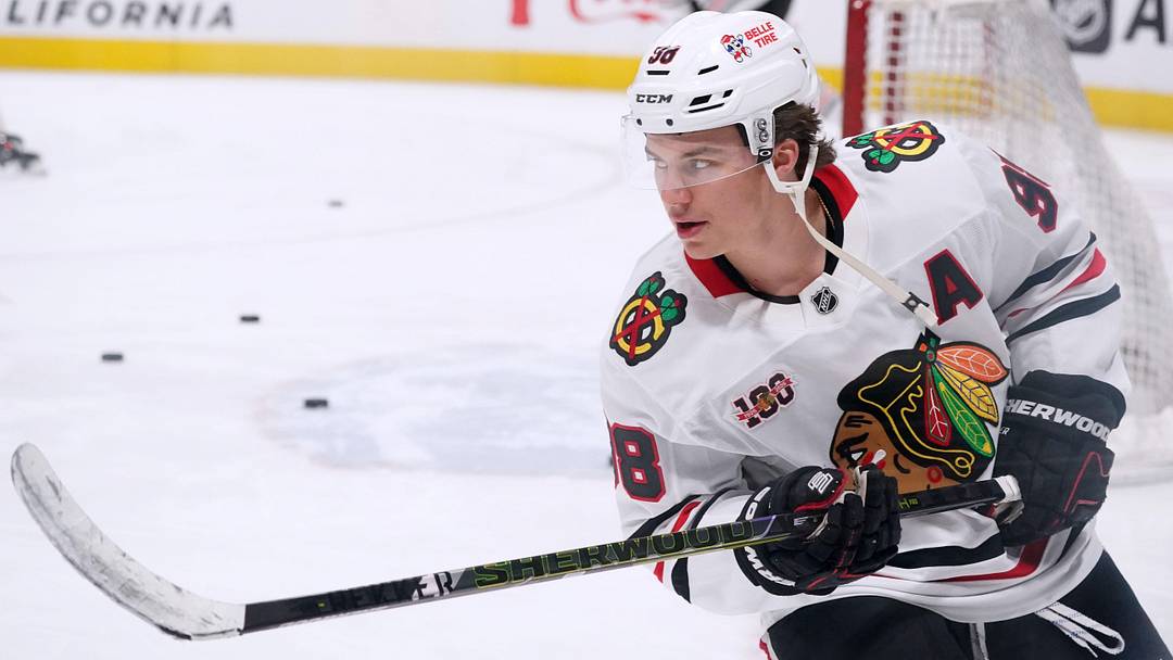 Apr 6, 2026; San Jose, California, USA;  Chicago Blackhawks center Connor Bedard (98) warms up before the game against the San Jose Sharks at SAP Center at San Jose. Mandatory Credit: David Gonzales-Imagn Images