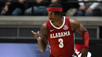 Nov 15, 2024; West Lafayette, Indiana, USA; Alabama Crimson Tide guard Latrell Wrightsell Jr. (3) celebrates after making a basket during the second half against the Purdue Boilermakers at Mackey Arena. Mandatory Credit: Marc Lebryk-Imagn Images