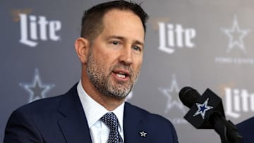 Dallas Cowboys Head Coach Brian Schottenheimer speaks to the media at a press conference at the Star. 