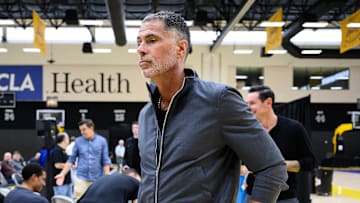 Sep 25, 2025; El Segundo, CA, USA; Los Angeles Lakers general manager Rob Pelinka leaves a press conference to preview the 2025-26 season at UCLA Health Training Center. Mandatory Credit: William Liang-Imagn Images