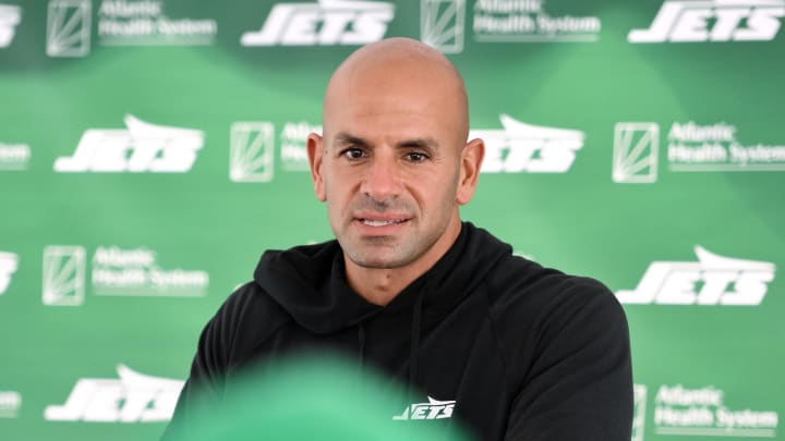 Jul 25, 2024; Florham Park, NJ, USA; New York Jets head coach Robert Saleh speaks to the media after training camp at Atlantic Health Jets Training Center. Mandatory Credit: John Jones-USA TODAY Sports