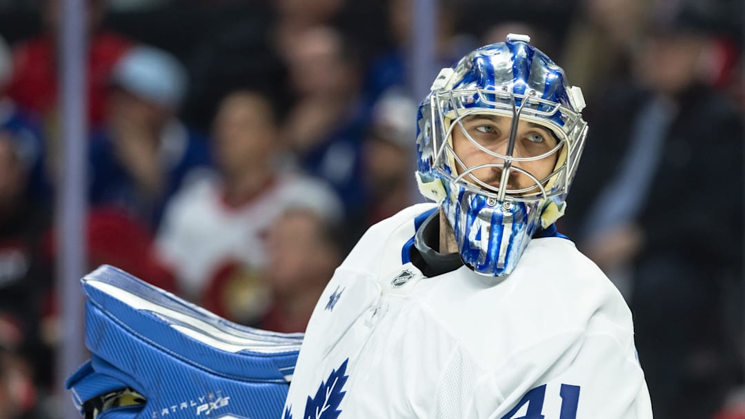 May 1, 2025; Ottawa, Ontario, CAN; Toronto Maple Leafs goalie Anthony Stolarz (41) glances over during a break in action in game six of the first round of the 2025 Stanley Cup Playoffs against the Ottawa Senators at Canadian Tire Centre. Mandatory Credit: Marc DesRosiers-Imagn Images