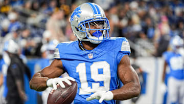 Detroit Lions wide receiver Donovan Peoples-Jones (19) warms up before a preseason game against Pittsburgh Steelers at Ford Field in Detroit on Saturday, August 24, 2024.