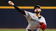 May 17, 2025; Milwaukee, Wisconsin, USA; Minnesota Twins starting pitcher Pablo Lopez (49) throws a pitch in the first inning against the Milwaukee Brewers at American Family Field.