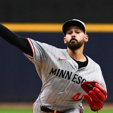 May 17, 2025; Milwaukee, Wisconsin, USA; Minnesota Twins starting pitcher Pablo Lopez (49) throws a pitch in the first inning against the Milwaukee Brewers at American Family Field.