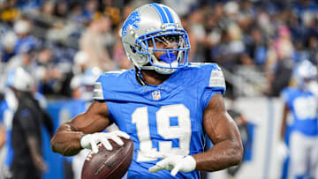 Detroit Lions wide receiver Donovan Peoples-Jones (19) warms up before a preseason game against Pittsburgh Steelers at Ford Field in Detroit on Saturday, August 24, 2024.