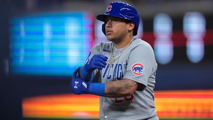 May 19, 2025; Miami, Florida, USA; Chicago Cubs designated hitter Moises Ballesteros (25) looks on from first base after hitting a single against the Miami Marlins during the sixth inning at loanDepot Park. Mandatory Credit: Sam Navarro-Imagn Images