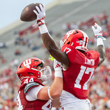 Indiana Hoosiers running back Ty Son Lawton (17) celebrates his touchdown with tight end Zach Horton (44) against the Western Illinois Leathernecks at Memorial Stadium.