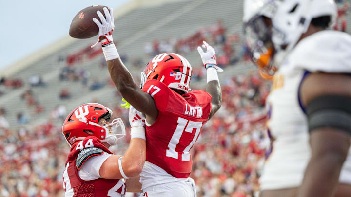 Indiana Hoosiers running back Ty Son Lawton (17) celebrates his touchdown with tight end Zach Horton (44) against the Western Illinois Leathernecks at Memorial Stadium.