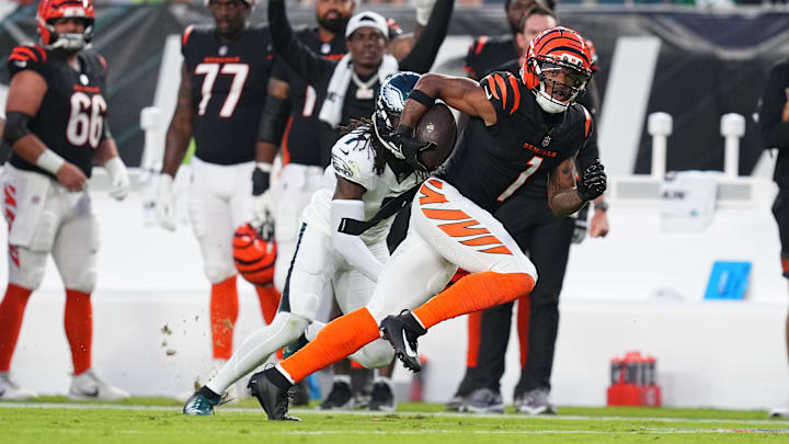 Ja'Marr Chase sprints to a touchdown after beating Kelee Ringo, August 7, 2025 preseason game, Cincinnati vs. Philadelphia.