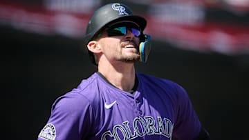 May 4, 2025; San Francisco, California, USA; Colorado Rockies outfielder Brenton Doyle (9) reacts after striking out against the San Francisco Giants during the ninth inning at Oracle Park. Mandatory Credit: Robert Edwards-Imagn Images