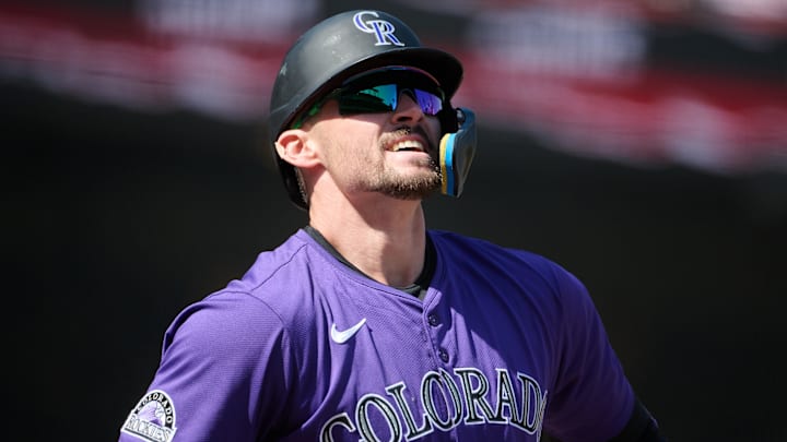 May 4, 2025; San Francisco, California, USA; Colorado Rockies outfielder Brenton Doyle (9) reacts after striking out against the San Francisco Giants during the ninth inning at Oracle Park. Mandatory Credit: Robert Edwards-Imagn Images May 4, 2025; San Francisco, California, USA; Colorado Rockies outfielder Brenton Doyle (9) reacts after striking out against the San Francisco Giants during the ninth inning at Oracle Park. Mandatory Credit: Robert Edwards-Imagn Images