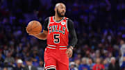 Apr 13, 2025; Philadelphia, Pennsylvania, USA; Chicago Bulls guard Jevon Carter (5) controls the ball against the Philadelphia 76ers in the third quarter at Wells Fargo Center. Mandatory Credit: Kyle Ross-Imagn Images
