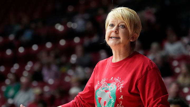 Dec 15, 2024; Tuscaloosa, AL, USA; Alabama head coach Kristy Curry wears a Christmas shirt as she coaches at Coleman Coliseum. Alabama defeated Murray State 90-63.