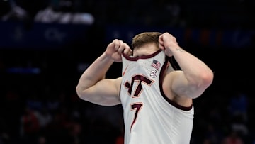Mar 11, 2025; Charlotte, NC, USA; Virginia Tech Hokies guard Brandon Rechsteiner (7) reacts in the second half at Spectrum Center. Mandatory Credit: Bob Donnan-Imagn Images
