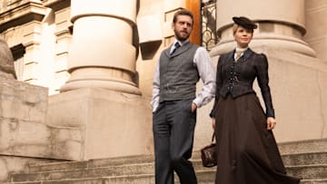 MASTERPIECE
Miss Scarlet, Season 5

Episode Three: “The Thames Reaper”
Sunday, January 26 at 8/7c on PBS

With a notorious serial killer on the loose Eliza is caught in the middle of a clash between Fleet Street and Scotland Yard.

Shown L-R: Alexander Blake (Tom Durant Pritchard), Eliza Scarlet (Kate Phillips) 

Photographer: Sever Zolak 

For editorial use only.

Courtesy of Miss Scarlet Limited and MASTERPIECE.