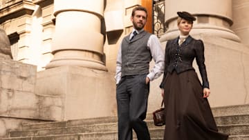 MASTERPIECE
Miss Scarlet, Season 5

Episode Three: “The Thames Reaper”
Sunday, January 26 at 8/7c on PBS

With a notorious serial killer on the loose Eliza is caught in the middle of a clash between Fleet Street and Scotland Yard.

Shown L-R: Alexander Blake (Tom Durant Pritchard), Eliza Scarlet (Kate Phillips) 

Photographer: Sever Zolak 

For editorial use only.

Courtesy of Miss Scarlet Limited and MASTERPIECE.