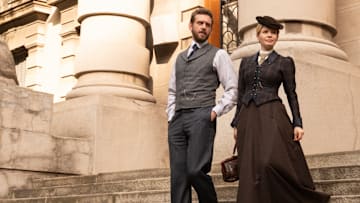 MASTERPIECE
Miss Scarlet, Season 5

Episode Three: “The Thames Reaper”
Sunday, January 26 at 8/7c on PBS

With a notorious serial killer on the loose Eliza is caught in the middle of a clash between Fleet Street and Scotland Yard.

Shown L-R: Alexander Blake (Tom Durant Pritchard), Eliza Scarlet (Kate Phillips) 

Photographer: Sever Zolak 

For editorial use only.

Courtesy of Miss Scarlet Limited and MASTERPIECE.