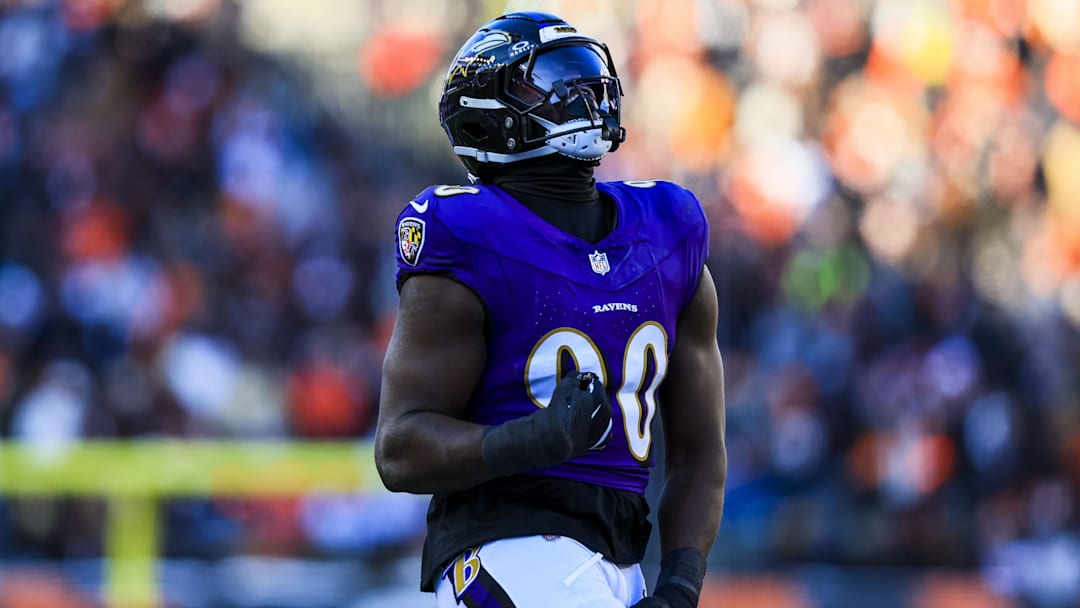 Baltimore Ravens linebacker David Ojabo (90) reacts after a play in the first half against the Cincinnati Bengals at Paycor Stadium during the 2025 season.