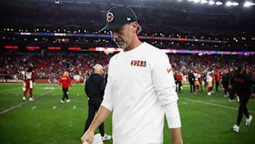 Jan 5, 2025; Glendale, Arizona, USA; San Francisco 49ers head coach Kyle Shanahan reacts after losing to the Arizona Cardinals at State Farm Stadium. Mandatory Credit: Mark J. Rebilas-Imagn Images