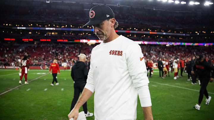 Jan 5, 2025; Glendale, Arizona, USA; San Francisco 49ers head coach Kyle Shanahan reacts after losing to the Arizona Cardinals at State Farm Stadium. Mandatory Credit: Mark J. Rebilas-Imagn Images