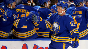 Mar 6, 2023; Buffalo, New York, USA;  Buffalo Sabres left wing Jeff Skinner (53) celebrates his goal with teammates during the first period against the Edmonton Oilers at KeyBank Center. Mandatory Credit: Timothy T. Ludwig-USA TODAY Sports