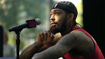 Sep 29, 2025; Toronto, Ontario, Canada; Toronto Raptors forward Brandon Ingram (3) speaks during the media day press conference at Hotel X. Mandatory Credit: John E. Sokolowski-Imagn Images