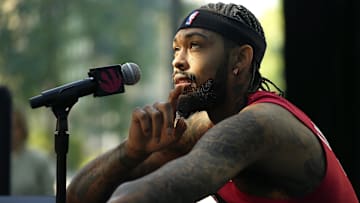 Sep 29, 2025; Toronto, Ontario, Canada; Toronto Raptors forward Brandon Ingram (3) speaks during the media day press conference at Hotel X. Mandatory Credit: John E. Sokolowski-Imagn Images