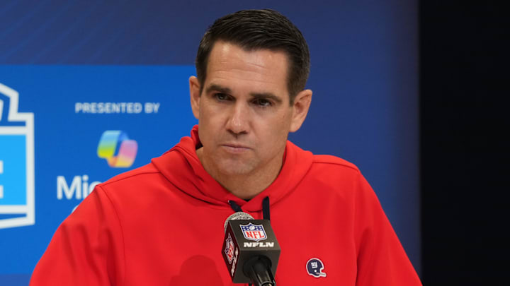 Feb 25, 2025; Indianapolis, IN, USA; New York Giants general manager Joe Schoen speaks during the NFL Scouting Combine at the Indiana Convention Center. Mandatory Credit: Kirby Lee-Imagn Images