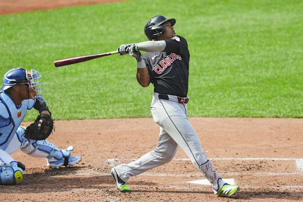 Jose Ramirez swings at a pitch 