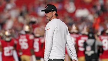 Dec 8, 2024; Santa Clara, California, USA; San Francisco 49ers head coach Kyle Shanahan walks on the field before the start of the game against the Chicago Bears at Levi's Stadium. Mandatory Credit: Cary Edmondson-Imagn Images