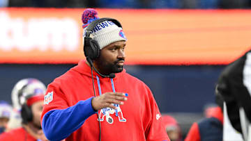 Dec 1, 2024; Foxborough, Massachusetts, USA; New England Patriots head coach Jerod Mayo looks on from the sideline during the second half against the Indianapolis Colts at Gillette Stadium. Mandatory Credit: Eric Canha-Imagn Images